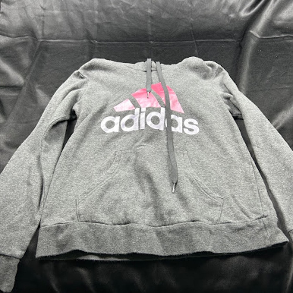 Adidas Womens Heather Grey Pink Logo Pullover Hoodie Sweatshirt Size Small